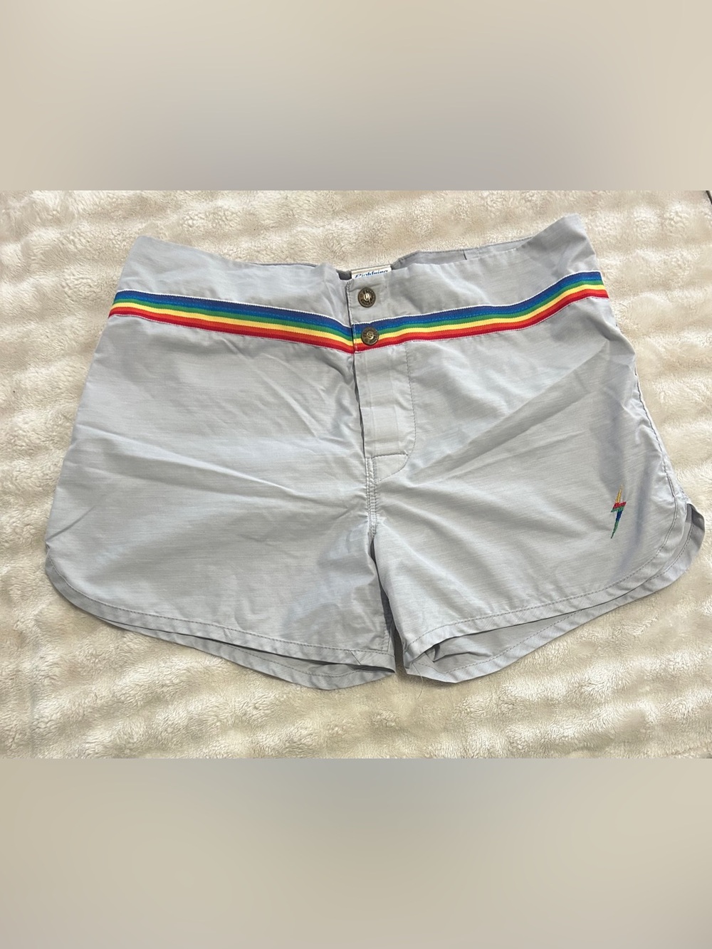 Vintage Lightening Bolt Light Gray woman’s shorts with Rainbow Waistband